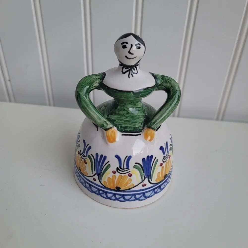 Vintage Spanish Folk Art Dinner Bell Green Yellow Blue Marked E'spana 5"